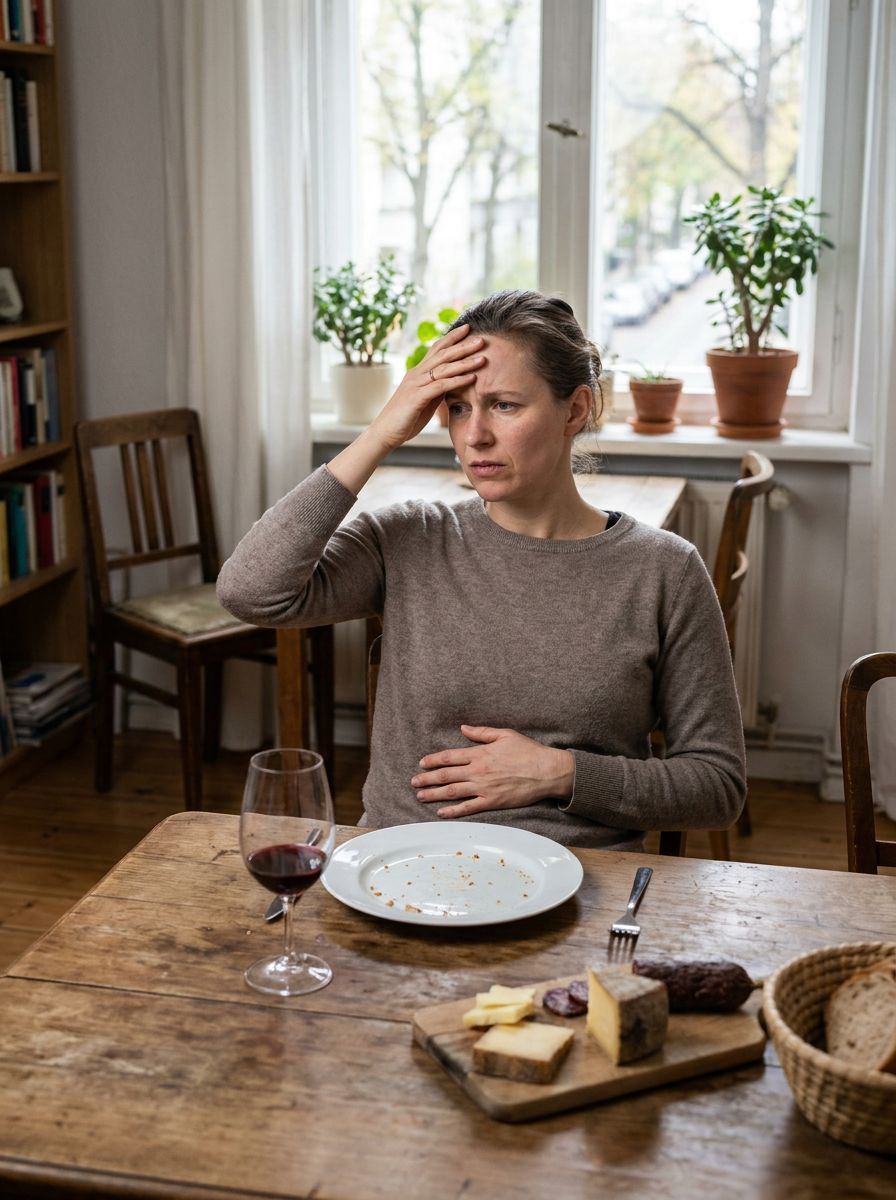 Person mit Beschwerden nach einer histaminreichen Mahlzeit
