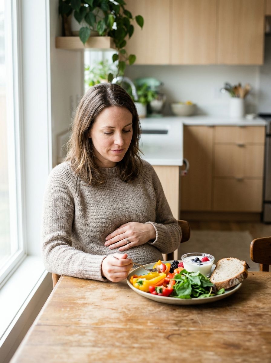 Symbolbild: Frau sitzt am Esstisch und wählt bewusst eine ausgewogene Mahlzeit aus frischem Gemüse, Obst und Vollkornbrot