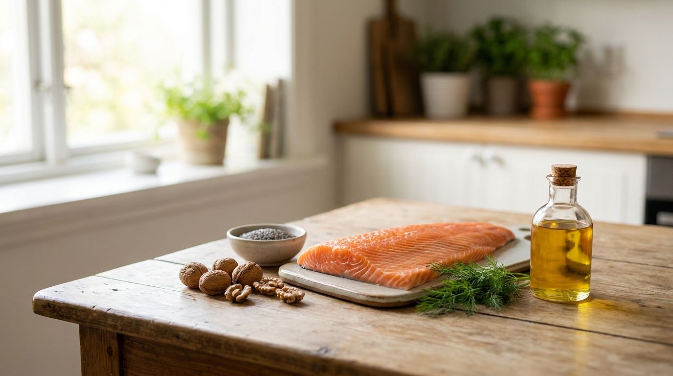 Frische Omega-3-Quellen auf einem Holztisch: Lachsfilet, Walnüsse, Chiasamen und Fischöl in heller Küche
