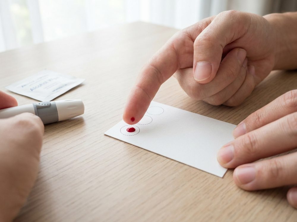 Symbolbild: Probenahme per Fingerstich für einen Ferritin-Heimtest