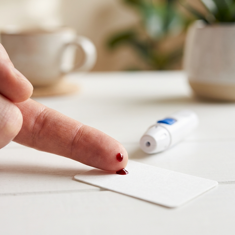 Symbolbild: Vitamin-B12-Selbsttest für zu Hause, Probenentnahme per Fingerstich mit Blutstropfen auf der Probenkarte
