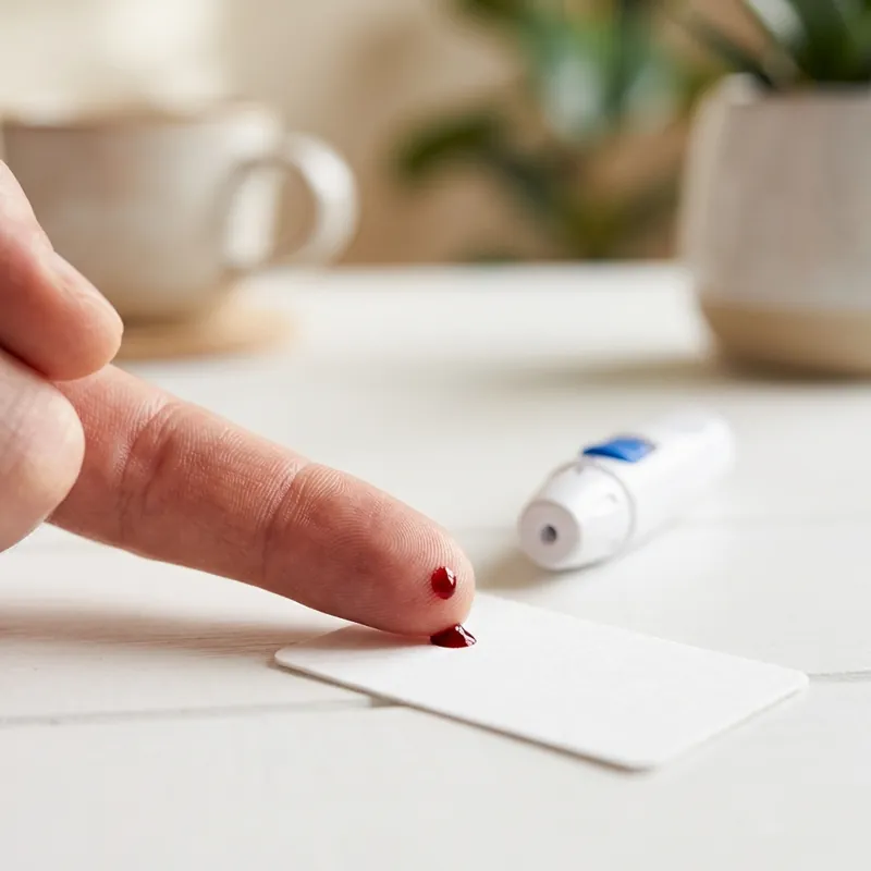 Symbolbild: Vitamin-B12-Selbsttest für zu Hause, Probenentnahme per Fingerstich mit Blutstropfen auf der Probenkarte