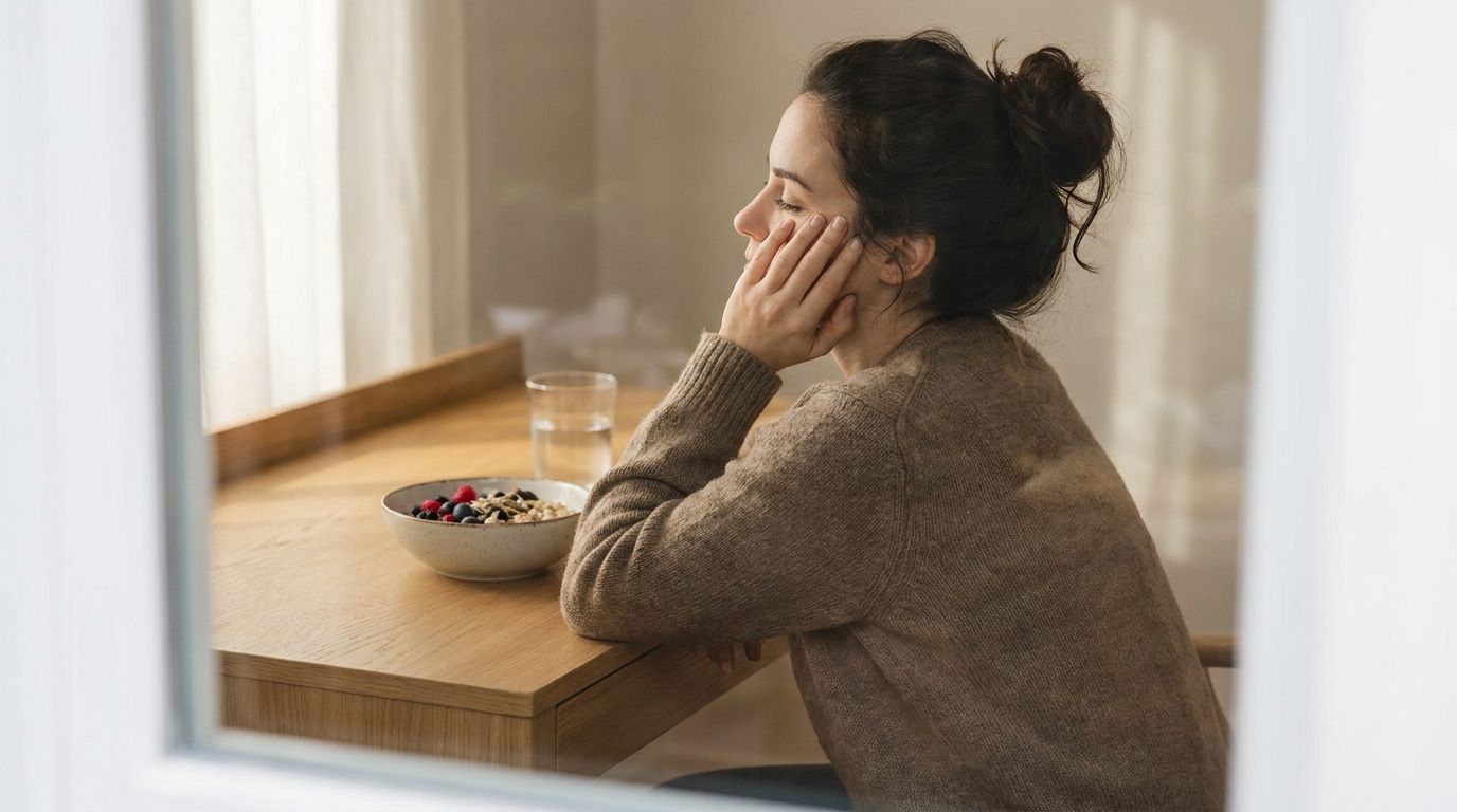 Symbolbild: müde, erschöpfte Frau stützt am Schreibtisch den Kopf auf die Hand, mögliche Anzeichen eines Vitamin-B12-Mangels