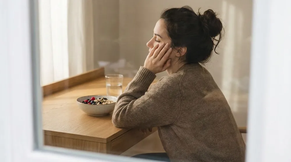 Symbolbild: müde, erschöpfte Frau stützt am Schreibtisch den Kopf auf die Hand, mögliche Anzeichen eines Vitamin-B12-Mangels