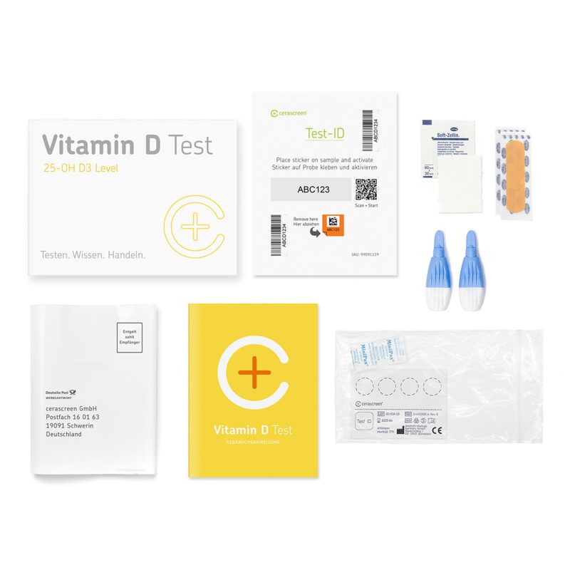 Cerascreen Vitamin-D-Test: Testkit mit Trockenblut-Karte, Lanzetten und Rückumschlag, Testsieger des Vergleichs