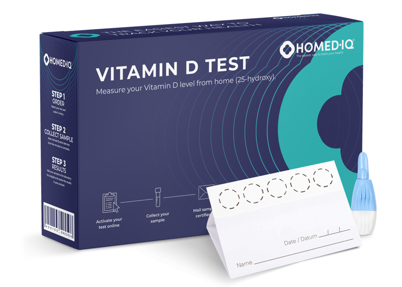 Homed-IQ Vitamin-D-Test: Produktverpackung des Heimtests mit Trockenblut-Karte